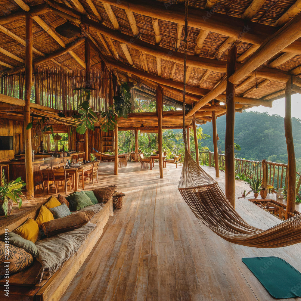 Fototapeta premium A peaceful beach resort with a wooden beach hut, natural architecture, and cozy furniture by the sea, featuring a bed, chairs, a wooden bridge, and windows overlooking the ocean and sky