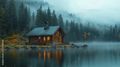 Fototapeta Naklejka Na Ścianę i Meble -  Misty lake cabin, autumn forest, peaceful evening
