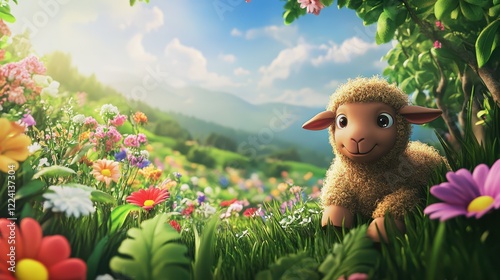 Playful Little Brown-Skinned Sheep Frolicking in a Colorful Meadow Full of Vibrant Flowers and Green Grass in 3D Cartoon Style