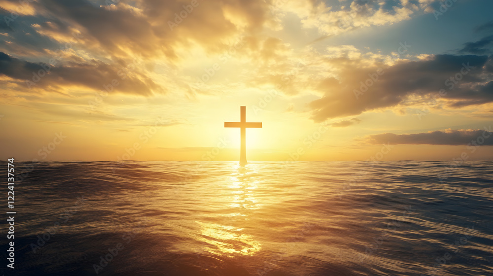 Serene Sunset Reflection on Ocean Horizon with Prominent Christian Cross Silhouette : Generative AI Serene Sunset Reflection on Ocean Horizon with Prominent Christian Cross Silhouette : Generative AI