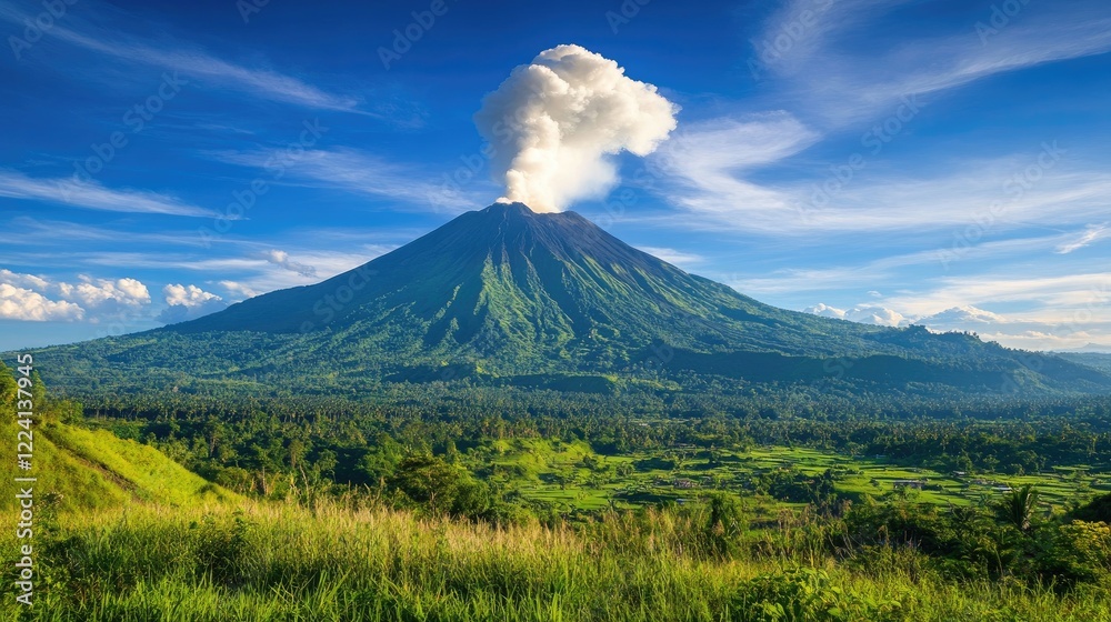 Fototapeta premium A dramatic shot of an active volcano under a clear blue sky, with white smoke rising from the crater, capturing the power and natural beauty of the eruption