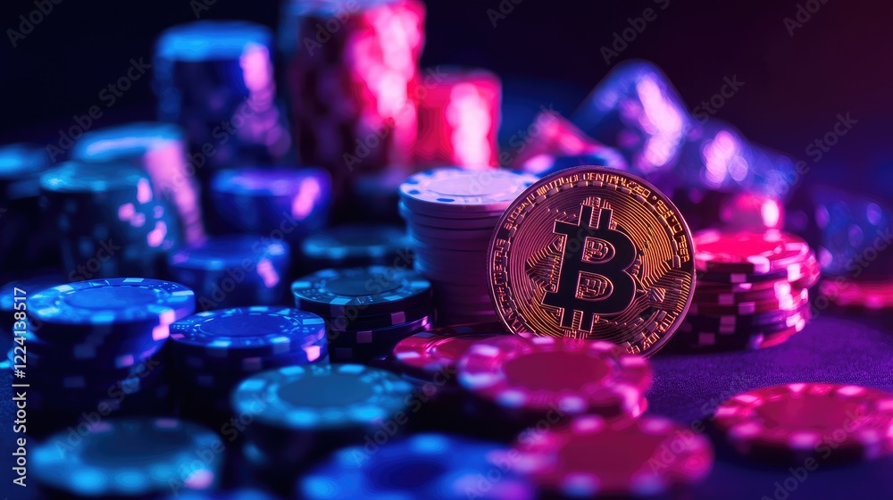 A dynamic casino scene with Bitcoin tokens and poker chips spilling across a neon-lit table, bringing energy and excitement to the gaming environment A dynamic casino scene with Bitcoin tokens and poker chips spilling across a neon-lit table, bringing energy and excitement to the gaming environment