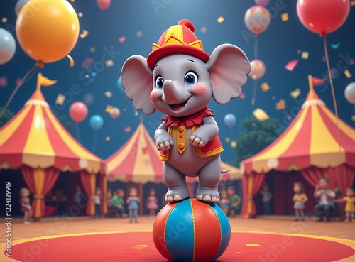 Adorable Circus Elephant Balancing on Ball Festive Big Top Background Cartoon Illustration