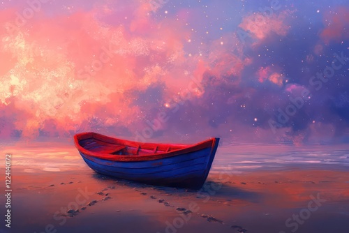 A red and blue boat resting on brown sand with footprints around, under a sky streaked with pink and purple clouds.