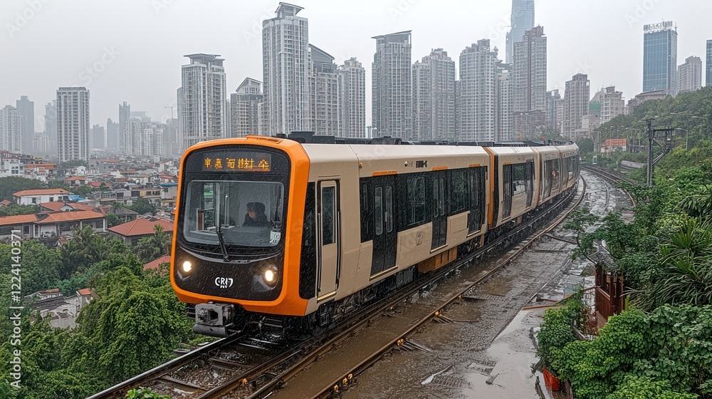 Naklejka premium Modern Tram Ascending Urban Skyline in Rainy Day