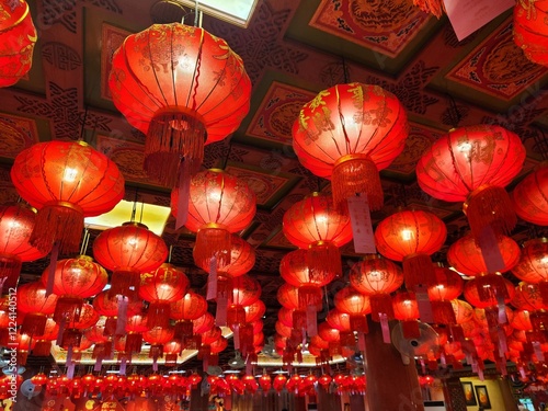 Red Lanterns: A captivating ceiling adorned with numerous vibrant red lanterns, casting a warm, festive glow. Perfect for adding an authentic touch to your projects related to Chinese New Year.