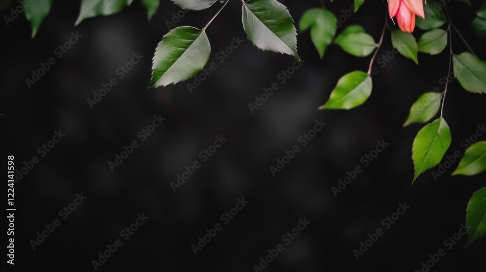 Obraz premium Close-up of Green Leaves and a Vibrant Flower Against a Dark Soft Background