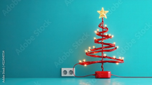 Wallpaper Mural A modern Christmas tree shaped from a red cable with sparkling lights and a star on top, connected to an outlet against a vivid blue background, showcasing a contemporary holiday vibe Torontodigital.ca