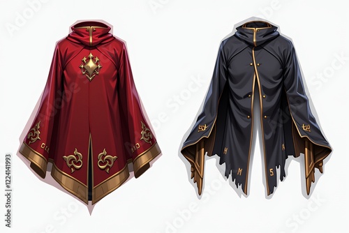Elegant Red and Black Hooded Capes Fantasy Game Apparel Medieval Clothing Design