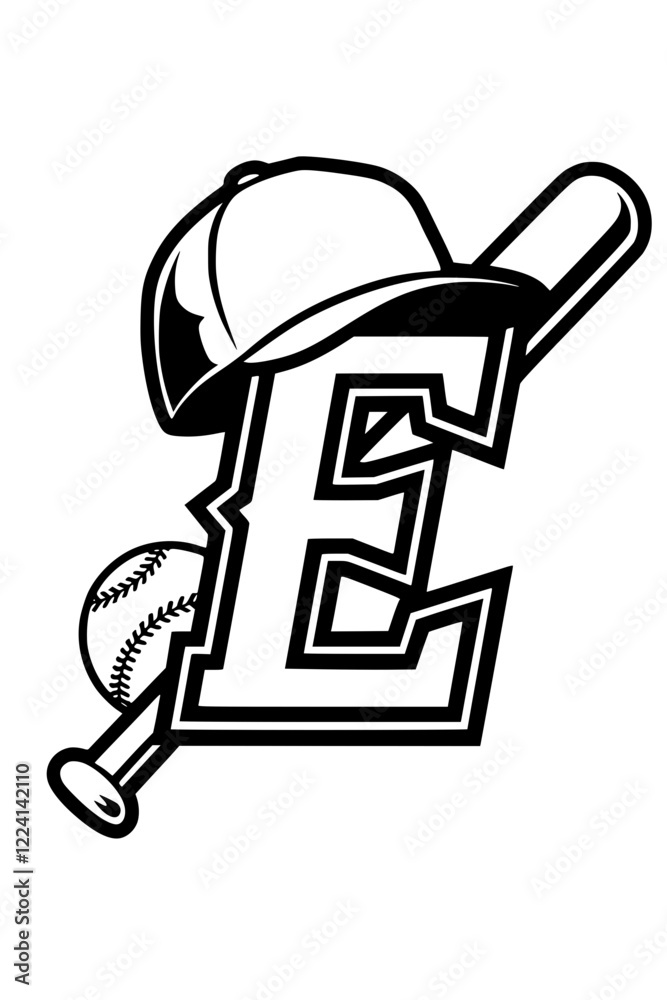 Baseball Icon with Letter E Design, Black and white graphic featuring a baseball bat, ball, cap, and bold letter Baseball Icon with Letter E Design, Black and white graphic featuring a baseball bat, ball, cap, and bold letter