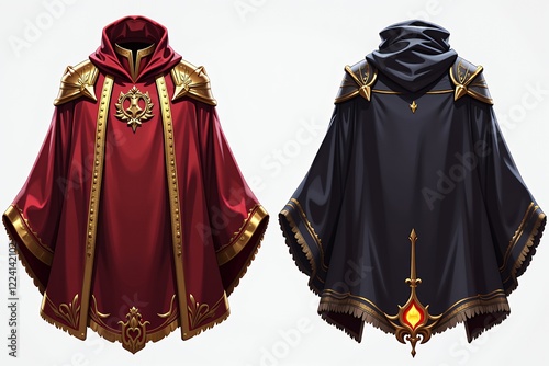 Elegant Red and Black Hooded Capes with Gold Trim Fantasy Costume Design