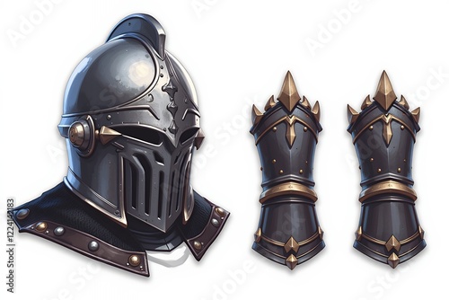 Medieval Knight s Helmet and Gauntlets Detailed Game Asset Illustration