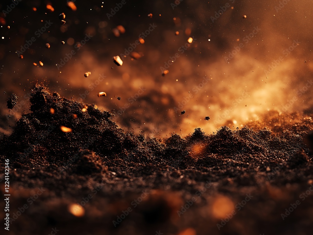 Dark Soil Explosion: Dramatic Dust and Debris in Golden Light Dark Soil Explosion: Dramatic Dust and Debris in Golden Light