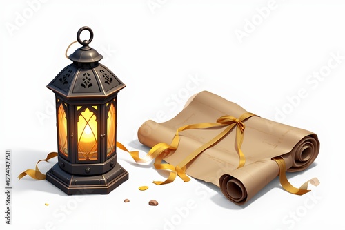 Illuminated Lantern Antique Scroll and Gold Coins Mystical Treasure Concept