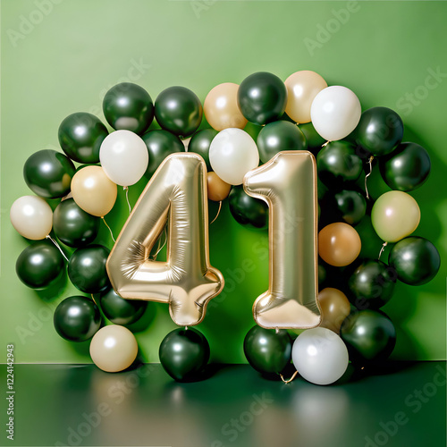 41st Birthday Decorations. Gold and Green Balloons Arch