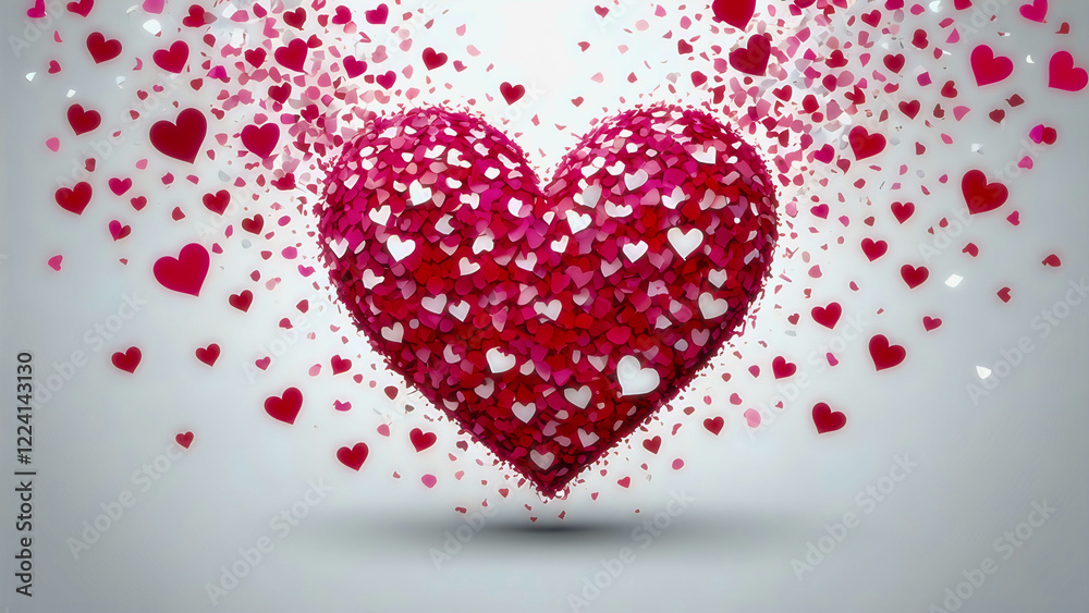 Abstract heart made of pink, red and white confetti and petals. White background. Abstract heart made of pink, red and white confetti and petals. White background.