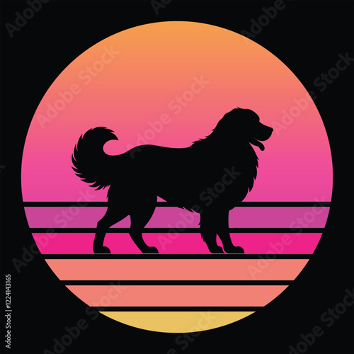 Retro Style Great Pyrenees Dog Against Sunset Background
