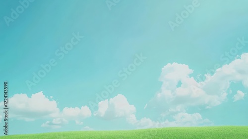 Serene Blue Sky with White Clouds, Lush Green Grass Field and Copy Space in Minimalistic 2.5D Effect