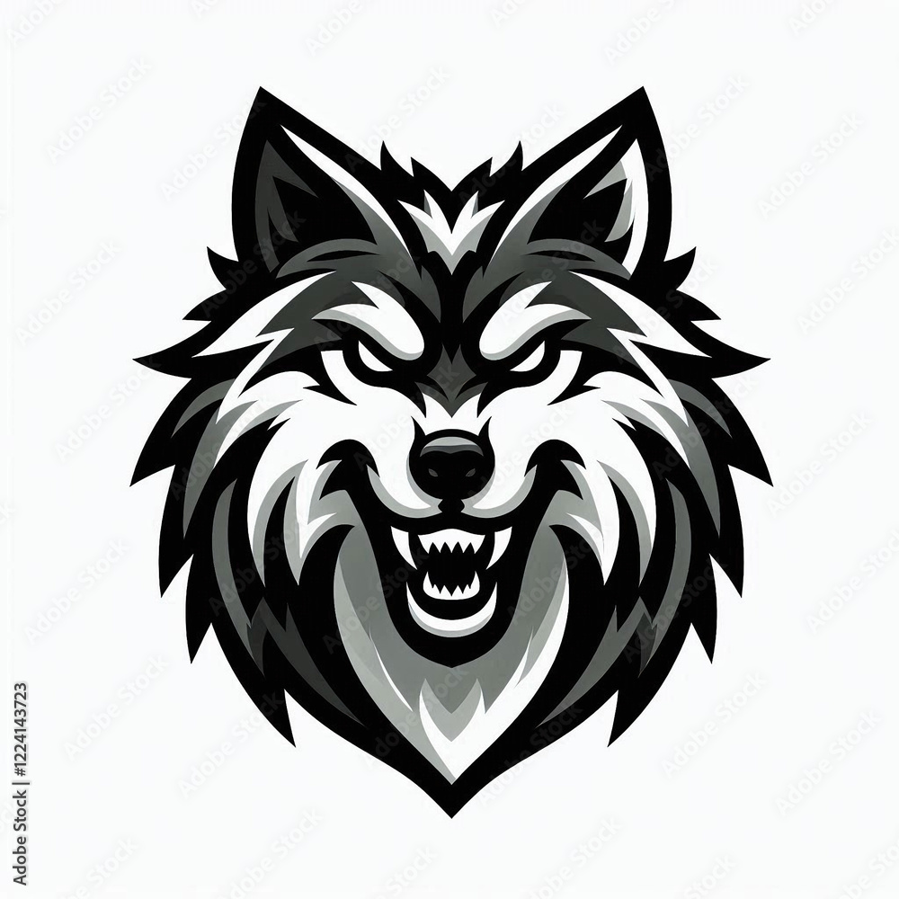 Fototapeta premium The wolf logo is bold in style with a 3D effect, highlighting sharp teeth and a fierce expression, using a bold black outline and gray gradient, with a white background that emphasizes its elegance.