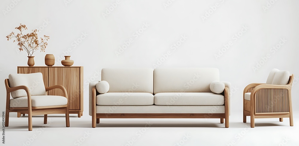 A 3D mockup of a Scandinavian-inspired living room with a beige sofa, a wooden armchair, and a minimalist cabinet A 3D mockup of a Scandinavian-inspired living room with a beige sofa, a wooden armchair, and a minimalist cabinet