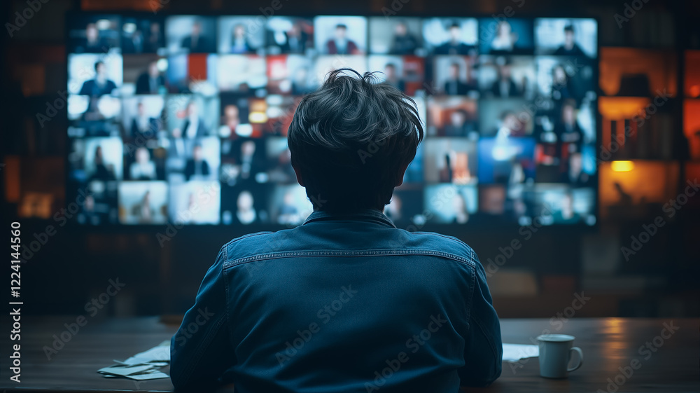 a person sits at a desk watching a large screen displaying numerous video conference calls. The scene is dimly lit, creating a sense of focus and intensity a person sits at a desk watching a large screen displaying numerous video conference calls. The scene is dimly lit, creating a sense of focus and intensity
