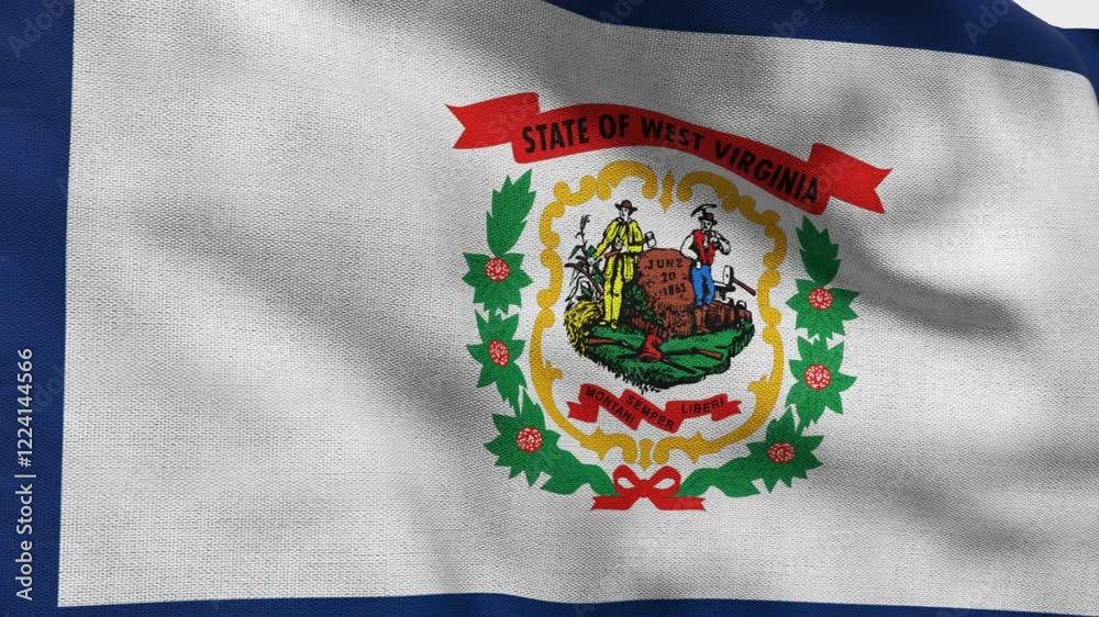 High detailed flag of West Virginia. West Virginia state flag, National West Virginia flag. Flag of state West Virginia. USA. America. 3D Render.