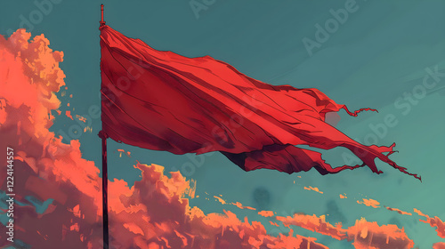 A red flag waves against a dramatic sky with pink and orange clouds. The flag billows in the wind, a strong symbol of determination, strength, and defiance, set in a powerful and vibrant atmosphere