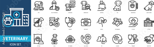 Veterinary Icon set with Pets,Male Veterinarian,Ultrasound,Dermatology,Adoption,Dog,Registration,Cone of Shame,X ray,Vaccine,Checkup,First Aid Kit,Muzzle and Pet Insurance