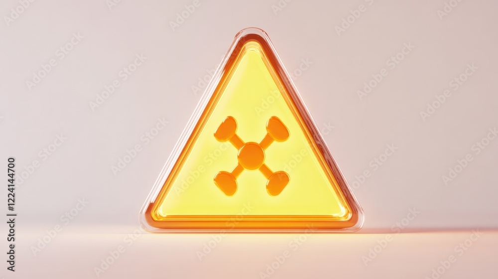 A glossy 3D-rendered triangular warning sign with a playful radioactive symbol in the center, glowing softly, on a clean white background