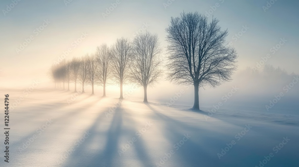 A row of trees shrouded in ethereal fog, with long shadows stretching across the foggy ground, evoking a tranquil and minimalist, dreamlike ambiance A row of trees shrouded in ethereal fog, with long shadows stretching across the foggy ground, evoking a tranquil and minimalist, dreamlike ambiance