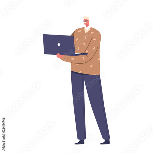 Man in Glasses Holding Laptop. Successful Young Programmer or Designer Character. Cartoon People Vector Illustration