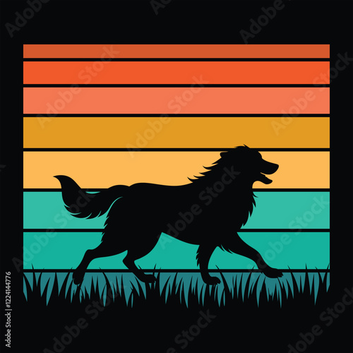 Great Pyrenees Dog Silhouette With sunset retro illustration Vector, Dog vintage sunset retro background