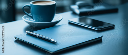 Blue toned image of a workspace with a notebook, pen, smartphone, and a cup of coffee.  The scene evokes a sense of calm productivity. 