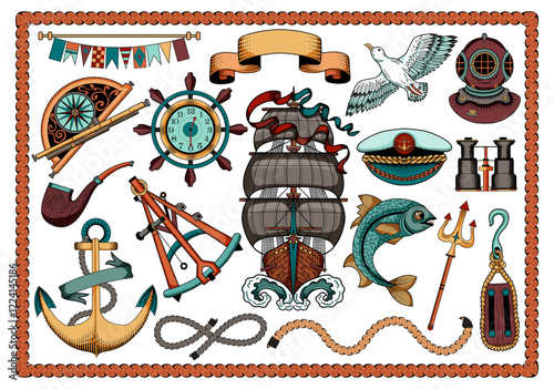 Colorful design vector set with old ship, sea objects and symbols, antique navigational devices, anchor, vignette banners. Vintage transportation and adventures concept isolated on white.