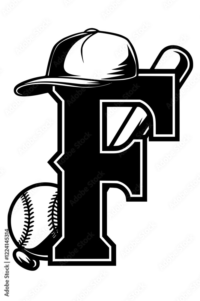 Baseball Icon with Letter F Design, Black and white graphic featuring a baseball bat, ball, cap, and bold letter Baseball Icon with Letter F Design, Black and white graphic featuring a baseball bat, ball, cap, and bold letter