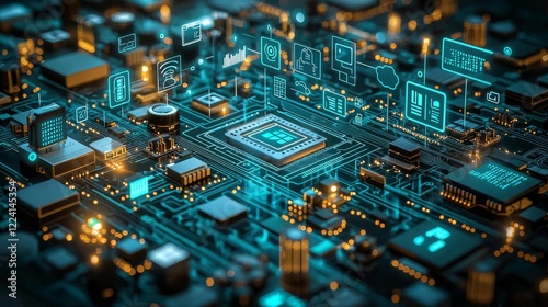 A futuristic circuit board with glowing components, showcasing technology and innovation in a vibrant digital landscape.