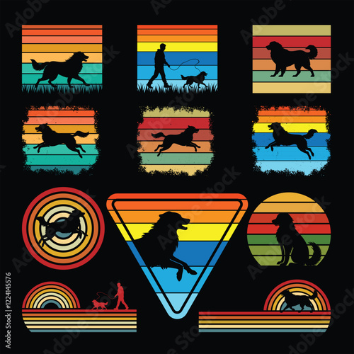 Set of Great Pyrenees Dog Silhouette With sunset retro illustration Vector, Dog vintage sunset retro background