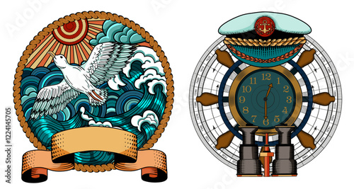 Design vector set with colorful illustration of gull flying against sea waves and emblem of steering wheel with cap and compass. Vintage transportation and old adventures concept isolated on white.