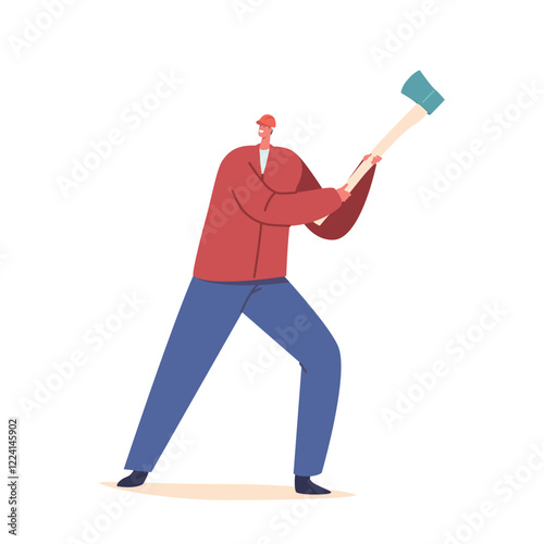 Strong Lumberjack Character Wielding A Sharp Axe, Ready To Take On The Mighty Trees. Man Expertly Chops Wood