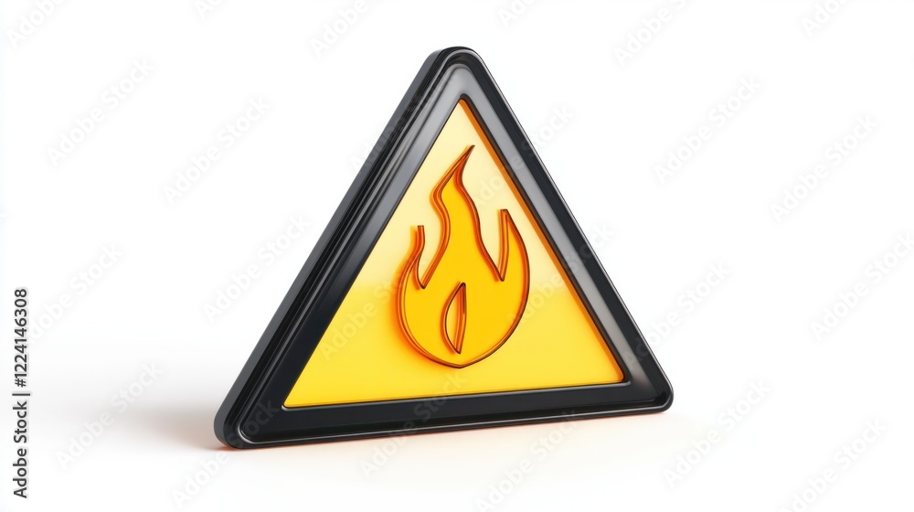 A vibrant yellow triangular warning sign with a cartoonish flame symbol and black borders, rendered in a playful 3D design, on white A vibrant yellow triangular warning sign with a cartoonish flame symbol and black borders, rendered in a playful 3D design, on white