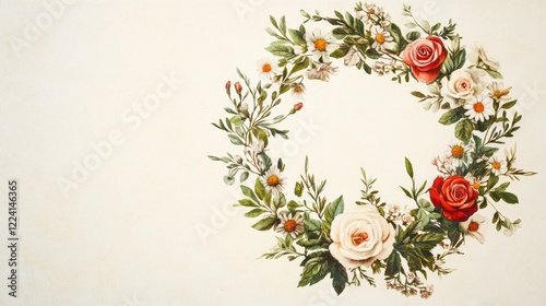Wallpaper Mural Vintage Floral Wreath with Red and White Roses and Green Leaves Torontodigital.ca