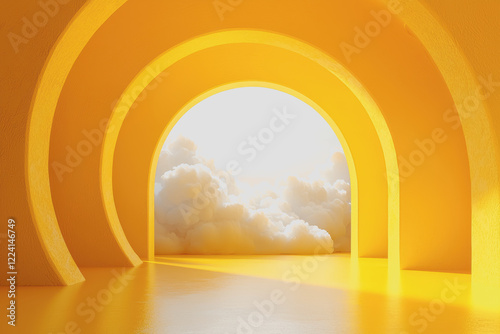 Yellow tunnel with blue sky and fluffy clouds creating a bright and vibrant atmosphere in an outdoor setting
