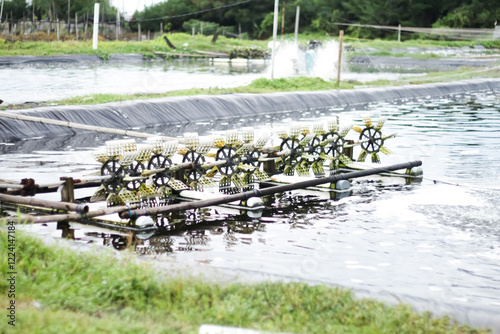 Photo of a waterwheel or aerator in a shrimp pond. A shrimp pond aerator or known as a water wheel is a tool that functions to increase oxygen levels in shrimp pond water.