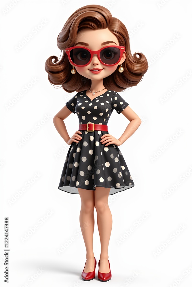 Obraz premium Retro Cartoon Woman in Polka Dot Dress Red Shoes Sunglasses