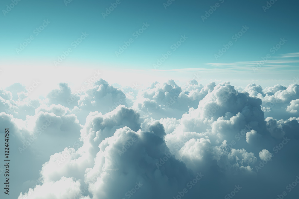 Aerial view of a bright blue sky from an airplane window with fluffy white clouds and the horizon visible in the distance during daytime travel Aerial view of a bright blue sky from an airplane window with fluffy white clouds and the horizon visible in the distance during daytime travel