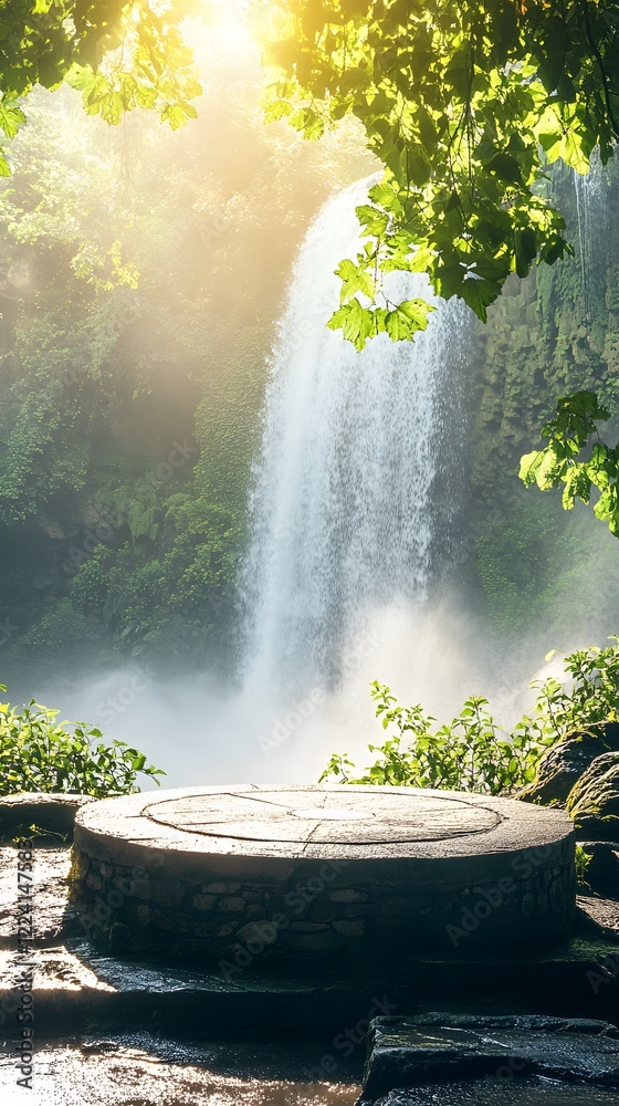 A podium in front of a giant waterfall, with mist drifting through the air and the sun shining through the trees A podium in front of a giant waterfall, with mist drifting through the air and the sun shining through the trees
