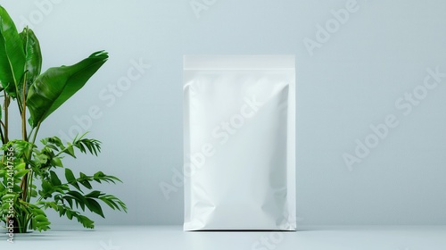 A green plant in a white bag placed beside another identical white bag on a flat surface
