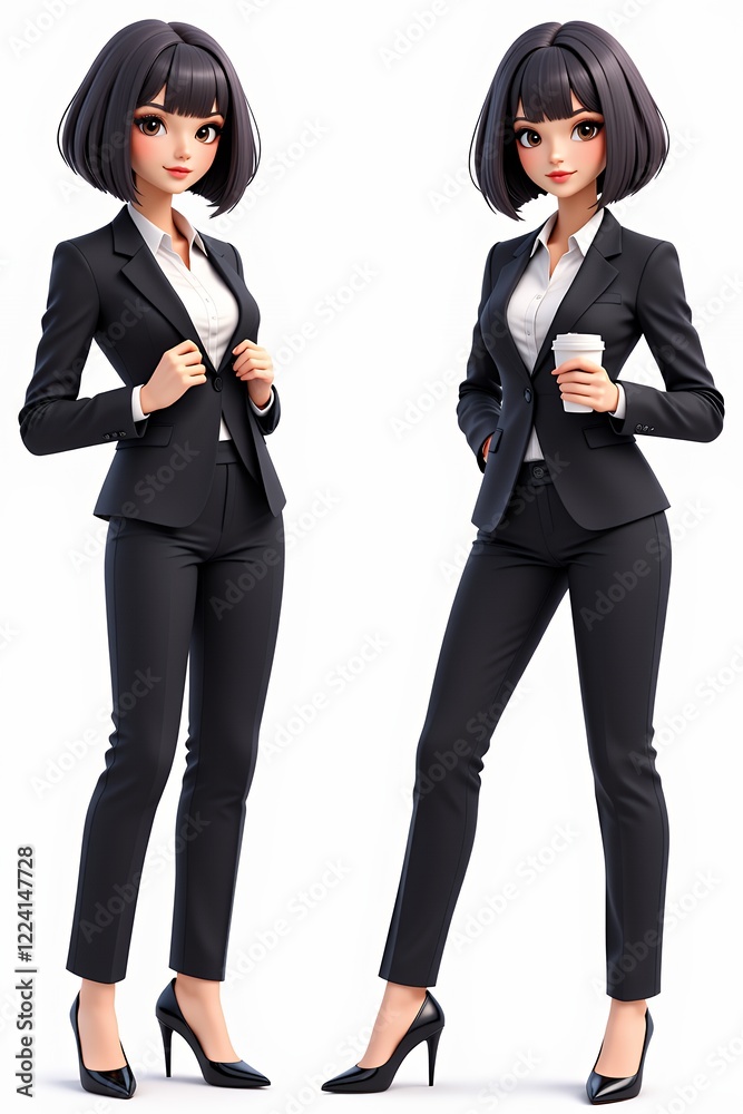 Stylish Cartoon Businesswoman in Black Pant Suit Two Poses Coffee Cup Stylish Cartoon Businesswoman in Black Pant Suit Two Poses Coffee Cup