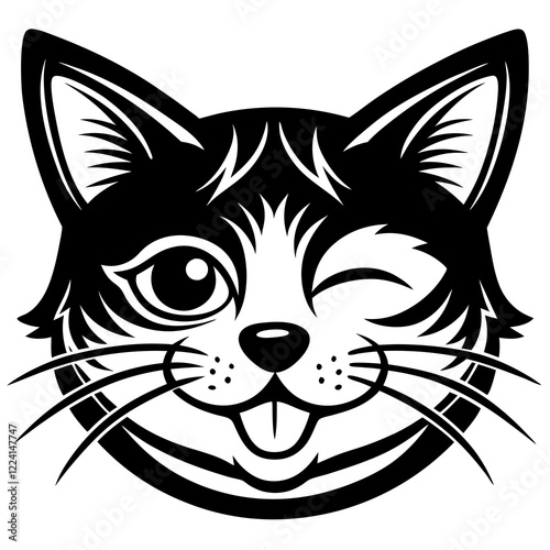 Minimalist Winking Cat Face Cartoon Design. Cat face with one eye winking.