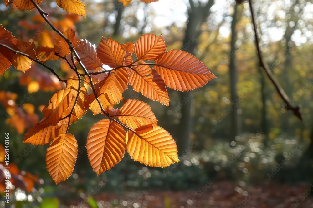 Obraz premium Vibrant red and orange autumn leaves glowing in the sunlight, with a blurred forest background.